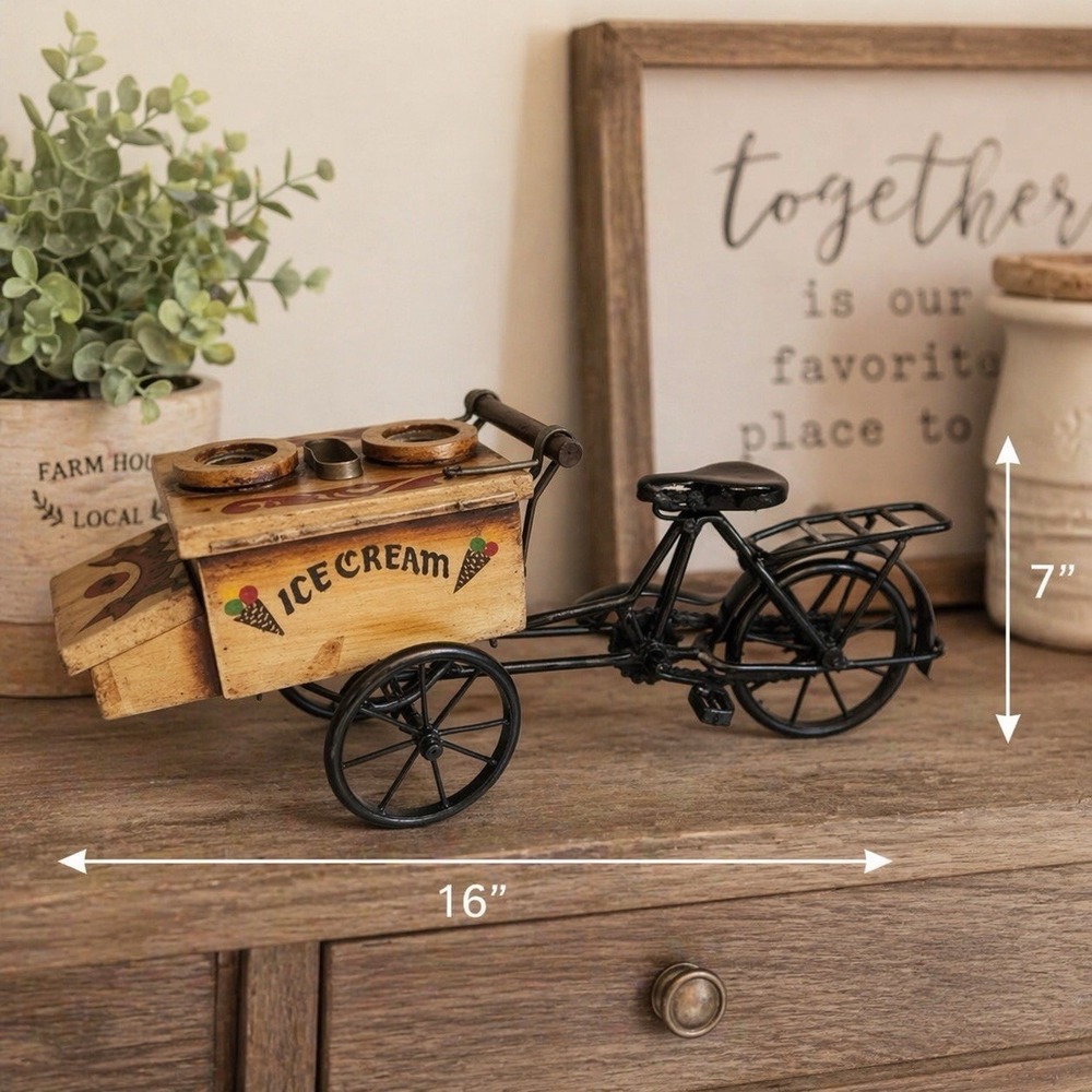 VTG Ice Cream Tricycle Cart Metal Wood Folk Art Display Decor 16" Handmade